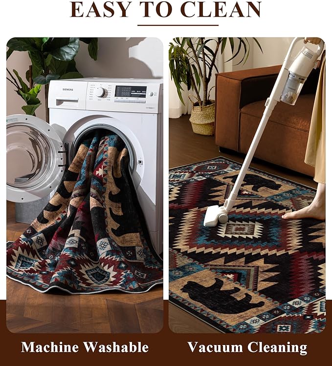 Hallway Runner Rug 2x8 Indoor Door Mat - Western Rug Bear Rustic Cabin Non-Slip Entryway Rug, Low Pile Tribal Print for Kitchen, Bedroom