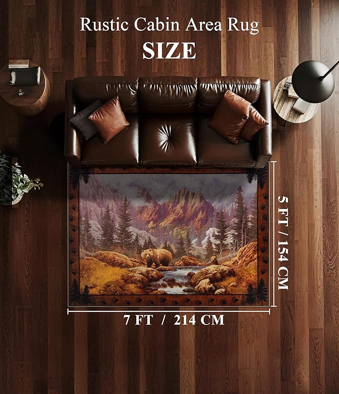 YIHOUSE Rustic Cabin Area Rug for Bedroom 5x7,Machine Washable Woodland Bear Rug,Non-Slip Low Pile Print Pattern Mountain Rug for Living Room