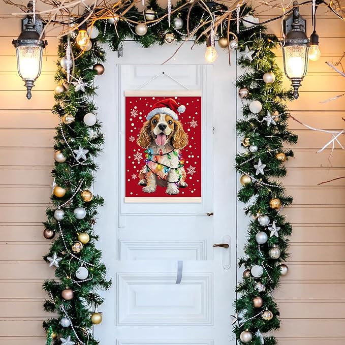 Funny Christmas Cocker Spaniel Poster Hanger with Wood Frame, Christmas Dog Wall Art Decor for Home, Cocker Spaniel Gifts for Women, Xmas Dog Posters for Bedroom Living Room Decor, 12x16 Inch
