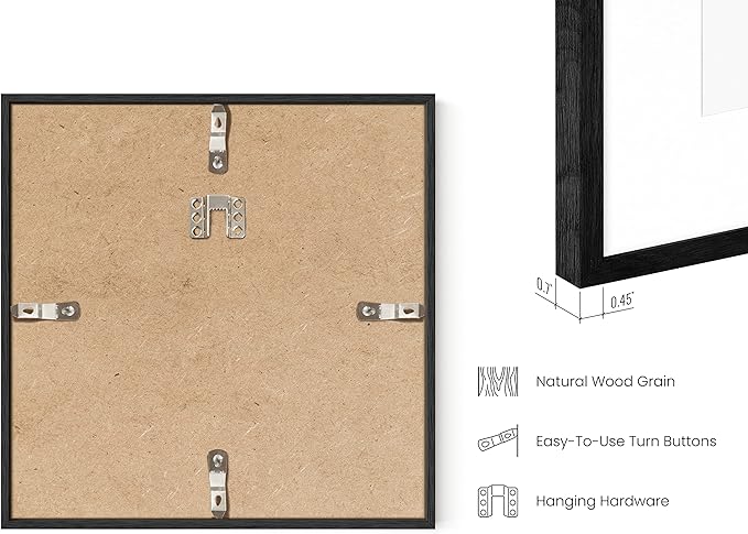 HAUS AND HUES Solid Oak Wood 8”x8” Picture Frames Matted to 4”x4” Set of 3 - Black Square Frames, 8x8 Black Photo Frames, Square Picture Frames, 8 x 8 Black Picture Frame Set (Black Frame)