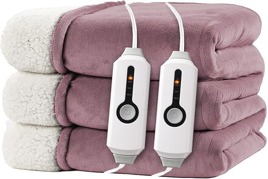 Electric Heated Blanket Queen Size 84"x90" - Dual-Sided with Microplush & Sherpa Fabric, 4 Heat Settings & 10 Hours Auto Off, Dual Controller, Machine Washable - Berry