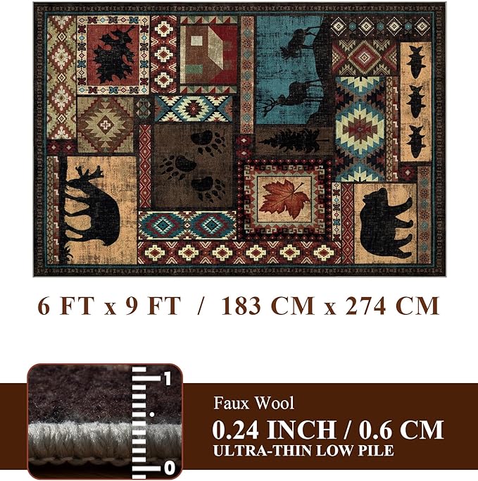 YIHOUSE Rustic Cabin Area Rug 6x9,Machine Washable Lodge Bear Rug,Non-Slip Low Pile Print Pattern Southwestern Rug for Living Room Bedroom