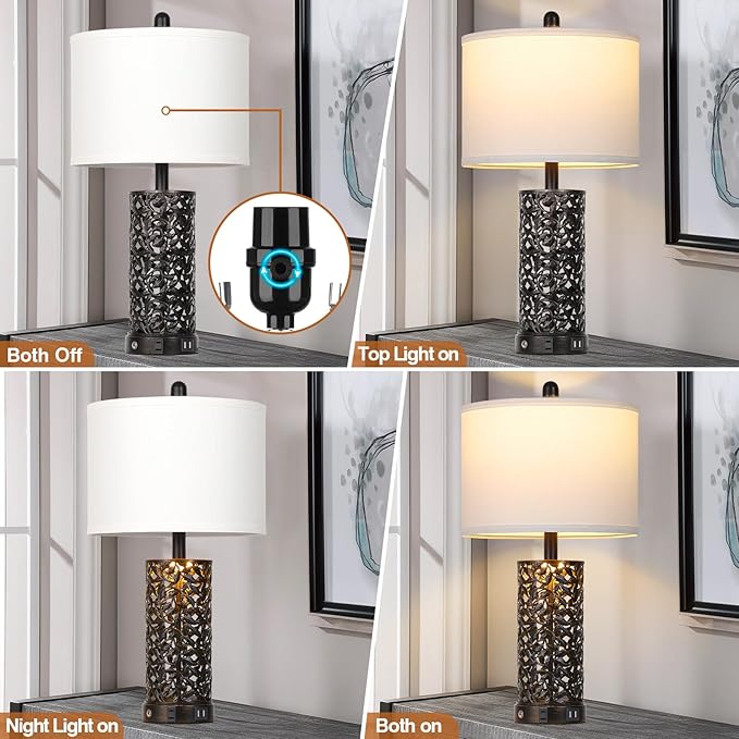 Vintage Lamp for Living Room Set of 2,Rustic Retro Bedside Nightstand Lamps with 2 USB Ports & AC Outlet,Touch Control Industrial Desk Lamp for Bedroom Entryway,Black with Bronze Bruch