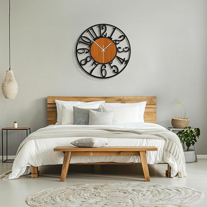 Maxstar Round Wall Clock for Living Room Decor Battery Operated Non Ticking Black Metal Wood Clocks for Home Living Room Garden Office Kitchen Decoration -16 inch