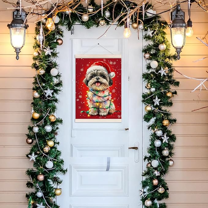Funny Christmas Shih Tzu Poster Hanger with Wood Frame, Christmas Dog Wall Art Decor for Home, Shih Tzu Gift for Women, Xmas Shihtzu Posters for Bedroom Living Room Decor, 12x16 Inch