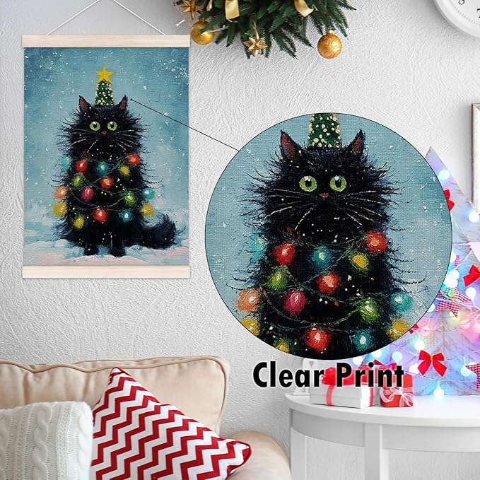 Black Cat Christmas Poster Hanger with Wood Frame, Funny Christmas Winter Wall Art Decor for Home, Cute Black Cat Xmas Tree Holiday Posters for Bedroom Living Room Decor, 12x16 Inch
