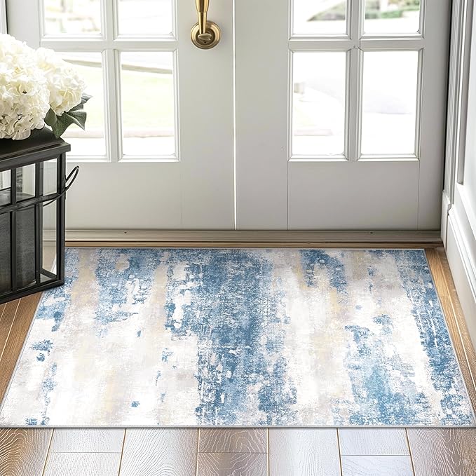 1'5''x2'5'' Rugs for Entryway Entrance Kitchen Bathroom, Machine Washable Modern Abstract Soft Small Rug, Low Pile Indoor Floor Carpet with Non Slip Backing, Blue Cream
