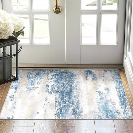 1'5''x2'5'' Rugs for Entryway Entrance Kitchen Bathroom, Machine Washable Modern Abstract Soft Small Rug, Low Pile Indoor Floor Carpet with Non Slip Backing, Blue Cream