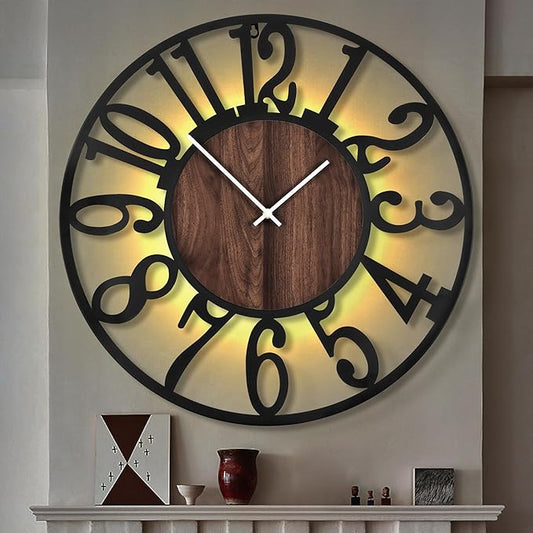LEIKE Large LED Wall Clocks,Silent,Non Ticking,Battery Operated Rustic Round Modern Big Wood Wall Clock for Living Room, Bedroom,Kitchen,Farmhouse,Office,Home Decor -32" Black,LED,Arabic Number