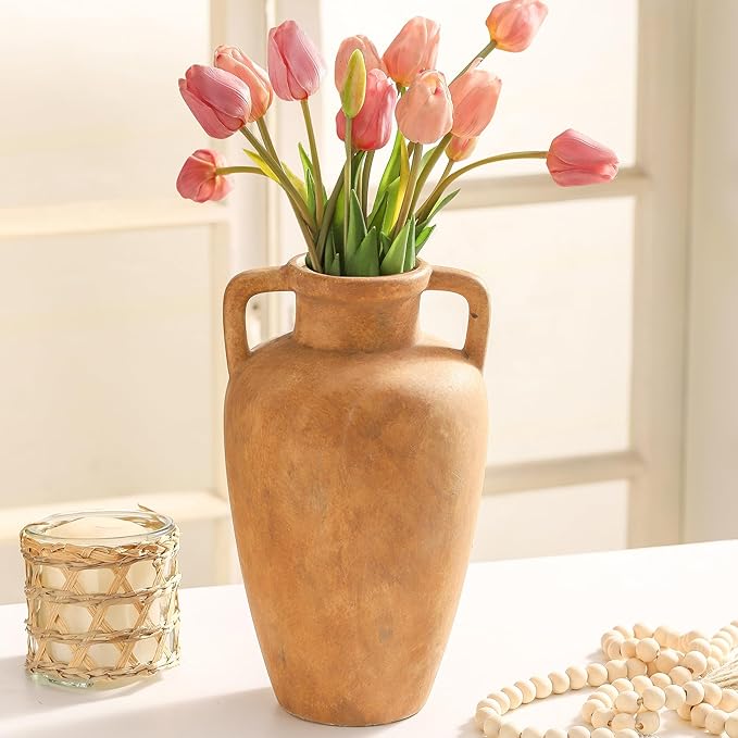 Large Ceramic Vase with 2 Handles, 11.41 inch Terracotta Rustic Farmhouse Vase for Home Decor, Wide Mouth, Living Room Shelf Decor, Enterway, Wedding, Table Decoration