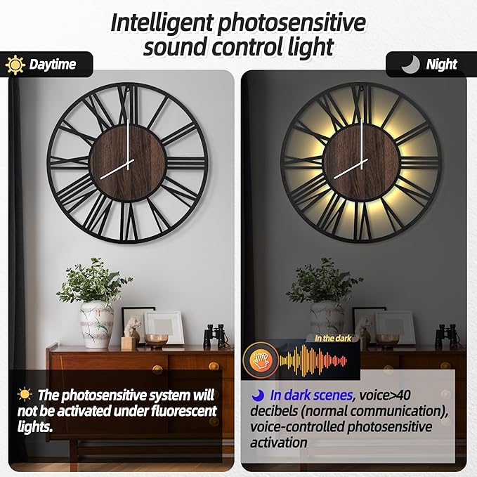 LEIKE Large Wall Clocks with Night Light Battery Operated,Silent Non Ticking,Rustic Modern Big Wood Clock for Living Room, Bedroom,Kitchen,Farmhouse,Office,Home Decor-32 Inch(Roman Numerals)