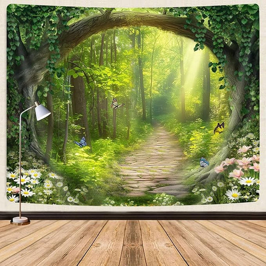 Nature Enchanted Forest Tapestry, Fantasy Green Jungle Woodland Lanscape Tapestry Wall Hanging, Psychedelic Fairy Tree Cave Forest Tapestries for Bedroom Backdrop Office, 80X60
