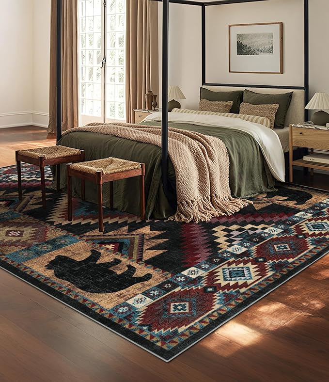 YIHOUSE Rustic Cabin Area Rug for Living Room 8x10,Machine Washable Lodge Bear Rug,Non-Slip Low Pile Print Pattern Western Rug for Bedroom