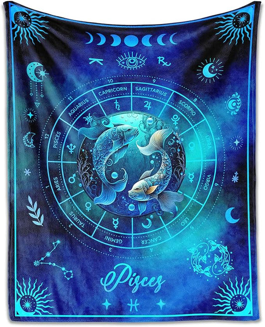 Pisces Blanket Gifts, 80" x 60" Rectangular Flannel Zodiac Throw Blanket Cozy, Gift for Boys Girls Teen Women Men Tarot Cards Lovers Birthday Anniversary Festival