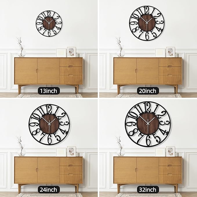 Maxstar Round Wall Clock for Living Room Decor Battery Operated Non Ticking Black Metal Wood Clocks for Home Living Room Garden Office Kitchen Decoration -16 inch