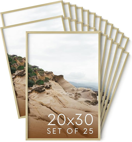 HAUS AND HUES 20x30 Gold Metal Picture Frames - Features Premium Aluminum, Vertical & Horizontal Hang, Shatterproof Plexiglass - Perfect for Home, Room, Office (20x30 in, Gold, Set of 25)
