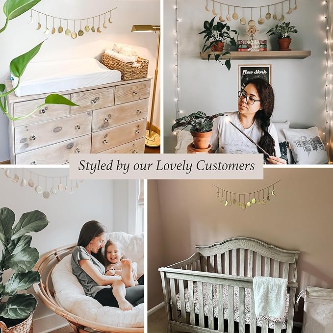 BASE ROOTS Moon Phase Wall Decor, Gold Wall Art for Bedroom, Bohemian and Astrology, Witchy Aesthetic 36" 13 Phases Metal Moon Wall Garland, Celestial Decoration, Gift for Women & Kids