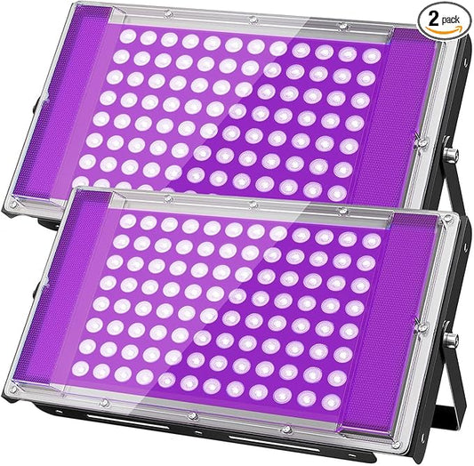 100W LED Black Light, 385nm UV Flood Light with Plug & Switch, IP66 Waterproof Blacklights for Large Space, Glow Parties, Neon Decor, Halloween, Stage Lighting, 2 Pack