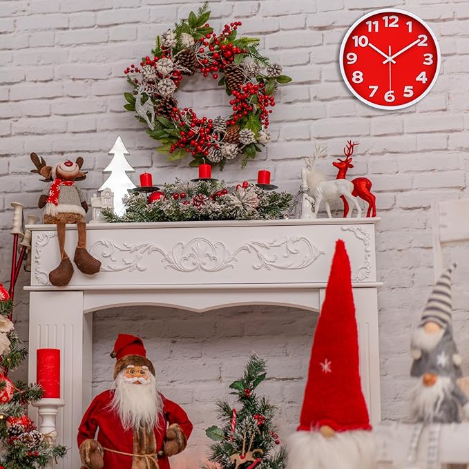 10 Inch Red Wall Clock with 3D Big Numbers, Modern Round Silent Quartz Clock, Easy to Read for Kitchen, for Home, Office, Farmhouse Decor