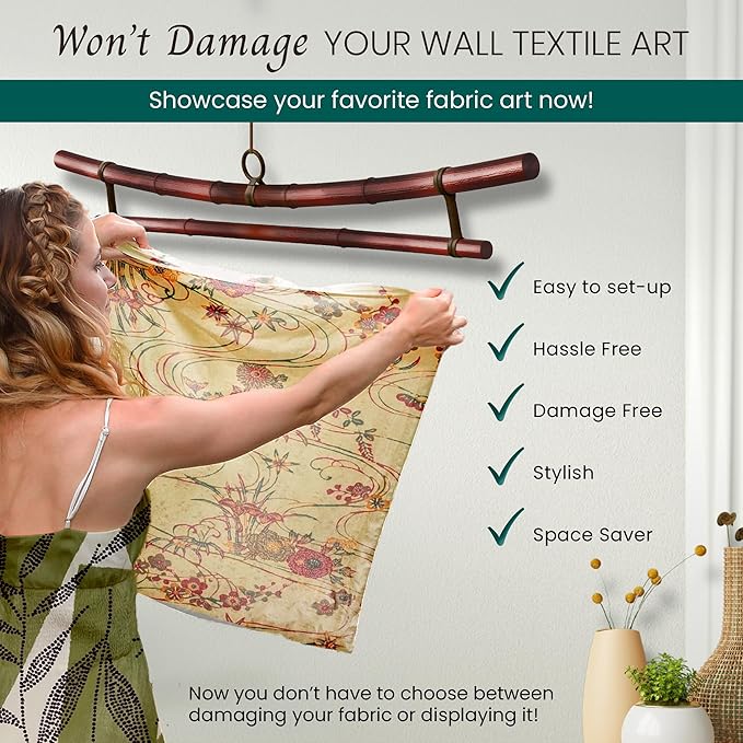 Smoked Bamboo Tapestry Holder, Rug Wall Hanger, Tapestry Wall Hanger, Obi Textile Hanger - Zen Pagoda Style Up to 19", 23", 30" or 36" - Japanese Ikat Kimono Display - Authentically Handmade (Fits 23 Inch tapestry)