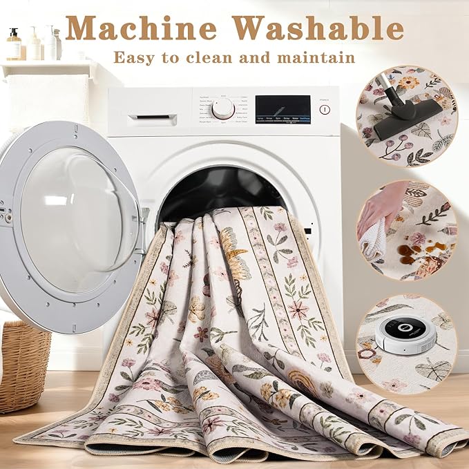 Rug for Living Room 8x10, Washable Area Rugs for Bedroom, Soft Thin Non Slip Indoor Low Pile Carpet for Dining Room, Large Throw Floral Butterfly Carpets for Office Nursery Home Decor, Beige