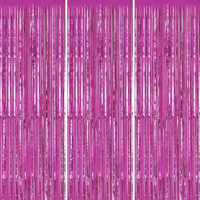 3 Pack Foil Fringe Backdrop - Hot Pink Shiny Tinsel Curtains for Party Decoration/Photo Booth Props - 3.3x8.2 FT Metallic Foil Backdrop for Birthday, Wedding, Graduation, Christmas.