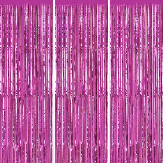 3 Pack Foil Fringe Backdrop - Hot Pink Shiny Tinsel Curtains for Party Decoration/Photo Booth Props - 3.3x8.2 FT Metallic Foil Backdrop for Birthday, Wedding, Graduation, Christmas.