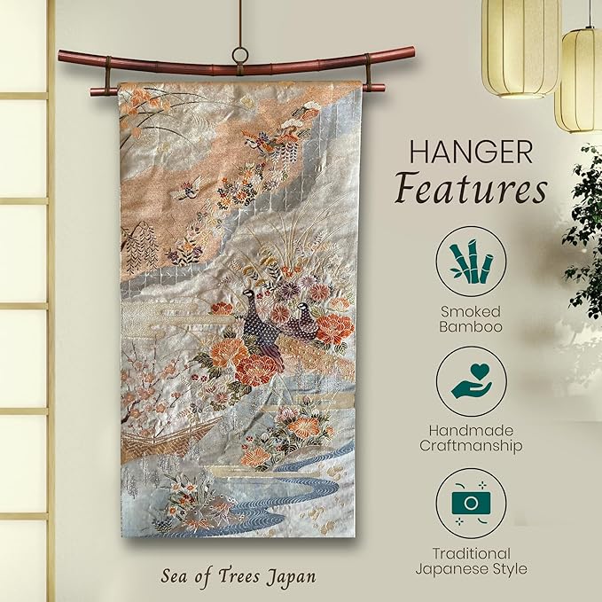 Smoked Bamboo Tapestry Holder, Rug Wall Hanger, Tapestry Wall Hanger, Obi Textile Hanger - Zen Pagoda Style Up to 19", 23", 30" or 36" - Japanese Ikat Kimono Display - Authentically Handmade (Fits 23 Inch tapestry)