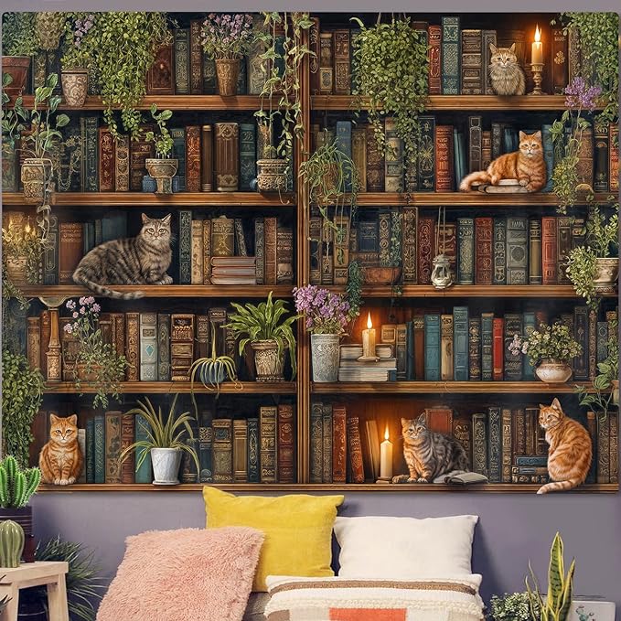 GOAOK Magic Library Tapestry, Green Nature Plant Bookshelf Tapestries for Classroom, Vintage Retro Witchy Library Book Gothic Academics Cat Tapestry for Bedroom Living Room Dorm Office 40X30 Inch