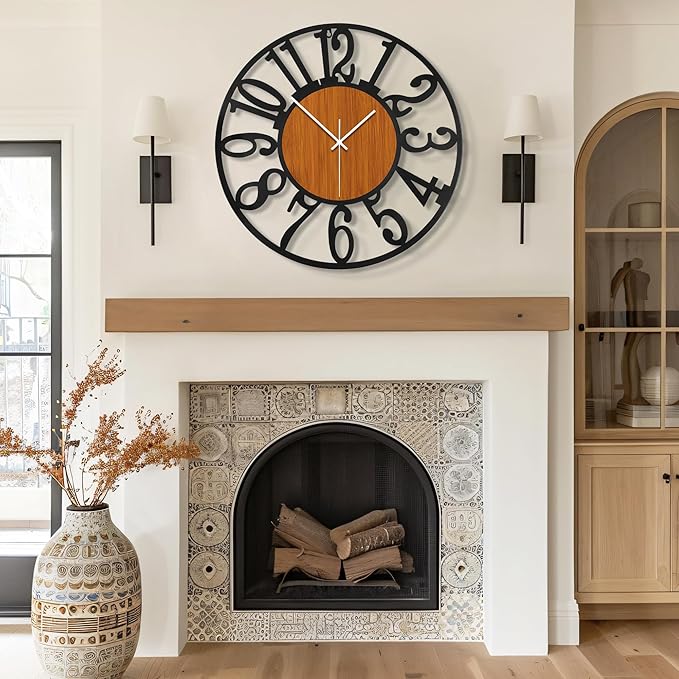 Maxstar Large Round Wall Clock for Living Room Decor Battery Operated Non Ticking Black Metal Wood Clocks for Home Living Room Garden Office Kitchen Decoration -32 inch