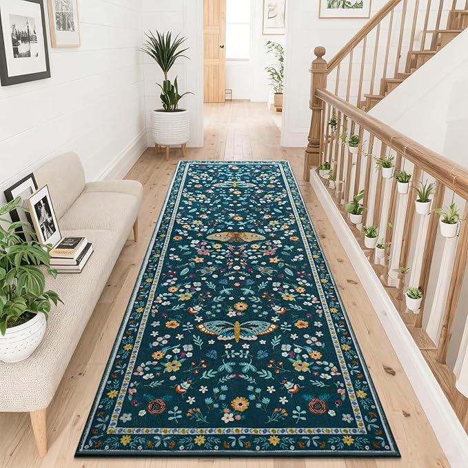 2x6 Runner Rug, Washable Hallway Area Rugs for Bedroom Living Room, Soft Throw Bedside Butterfly Rug for Kitchen, Non Slip Indoor Thin Long Carpet for Entryway Laundry Dorm, Dark Green