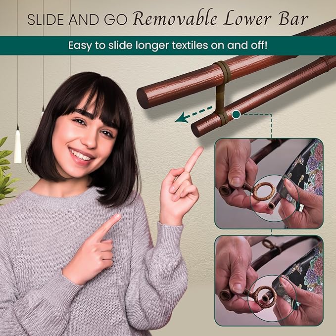 Smoked Bamboo Tapestry Holder, Rug Wall Hanger, Tapestry Wall Hanger, Obi Textile Hanger - Zen Pagoda Style Up to 19", 23", 30" or 36" - Japanese Ikat Kimono Display - Authentically Handmade (Fits 23 Inch tapestry)