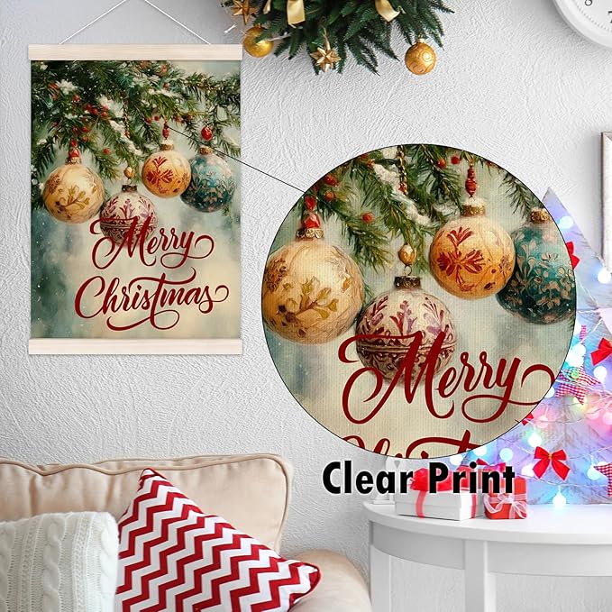 Merry Christmas Poster Hanger with Wood Frame, Winter Christmas Ornaments Bauble Ball Wall Art Decor for Home, Cottagecore Winter Xmas Posters for Bedroom Living Room Decor, 12x16 Inch