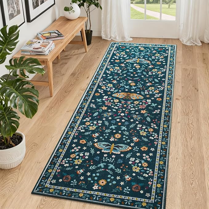 2x6 Runner Rug, Washable Hallway Area Rugs for Bedroom Living Room, Soft Throw Bedside Butterfly Rug for Kitchen, Non Slip Indoor Thin Long Carpet for Entryway Laundry Dorm, Dark Green