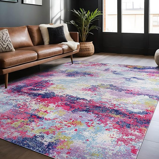 Non Slip Rugs 5x7 Modern Abstract Easy Silk Rubber Backing Soft Area Rug for Living Room Easy to Clean Non Shedding Kitchen for Bedroom Indoor Carpet (Lilac - Purple, 5x7)