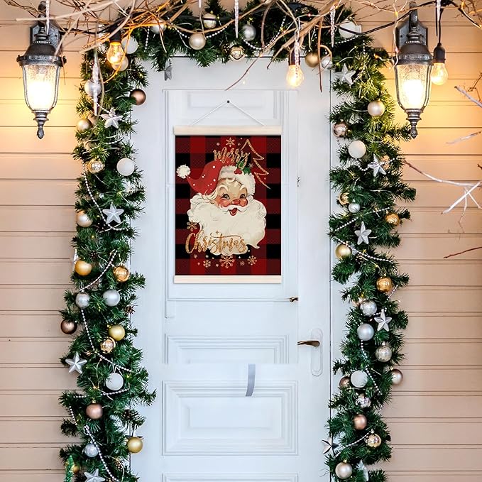 Merry Christmas Santa Poster Hanger with Wood Frame, Vintage Christmas Wall Art Decor for Home, Retro Winter Xmas Santa Red Buffalo Plaid Posters for Bedroom Living Room Decor, 12x16 Inch