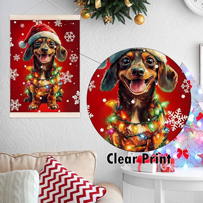 Funny Christmas Dachshund Poster Hanger with Wood Frame, Christmas Weiner Dog Wall Art Decor for Home, Dachshund Gifts for Women Men, Xmas Dog Posters for Bedroom Living Room Decor, 12x16 Inch