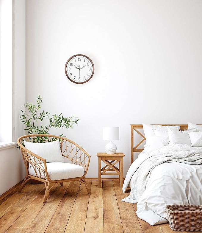 Bernhard Products Wall Clock 12 Inch Silent Non Ticking Movement Quality Quartz Battery Operated Round Easy to Read Decorative Brown Home/Kitchen/Office/Bedroom/Classroom/School Clocks, Black Numbers