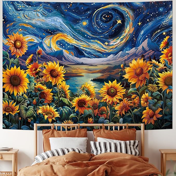 Yuiqear Sunflower Starry Sky Tapestry Galaxy Space Tapestries Mysterious Mountain River Wall Decor Fantasy Landscape Tapestry for Bedroom
