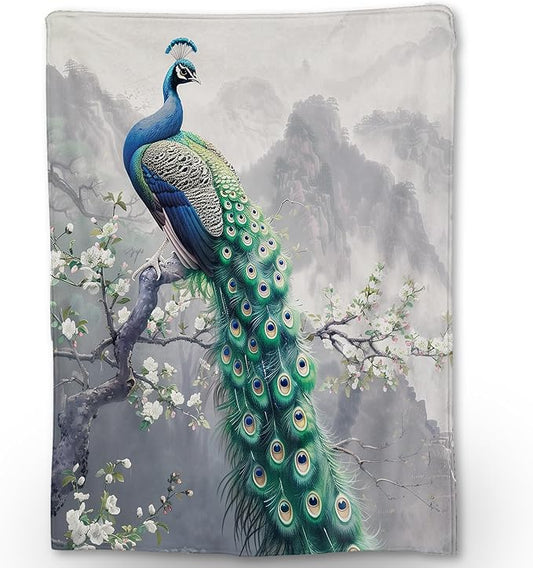 Peacock Blanket - Soft, Cozy, Lightweight Flannel Throw Blankets for Couch, Bed, Travel, Fluffy Decor Perfect for Outdoor Use and Home Decor, Flowers Design for Adults Women Girls 50×40 in