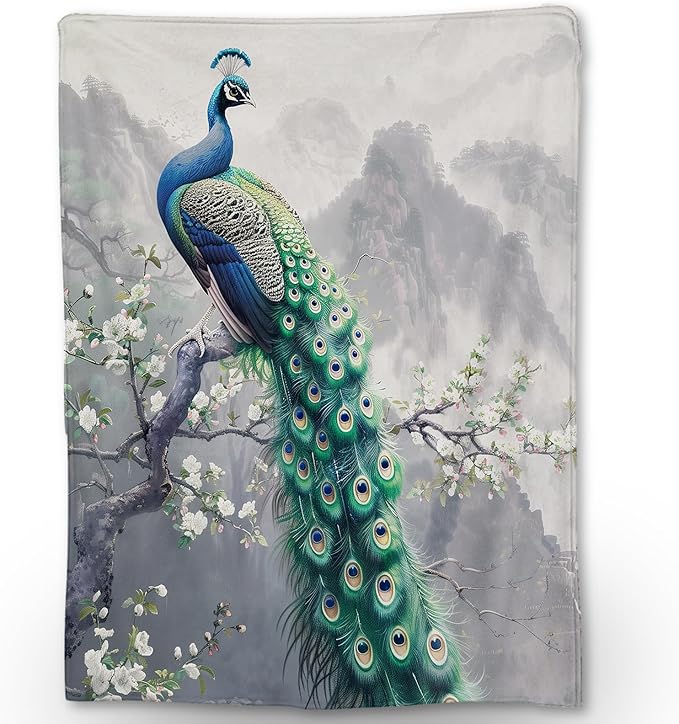 Peacock Blanket - Soft, Cozy, Lightweight Flannel Throw Blankets for Couch, Bed, Travel, Fluffy Decor Perfect for Outdoor Use and Home Decor, Flowers Design for Adults Women Girls 60×50 in