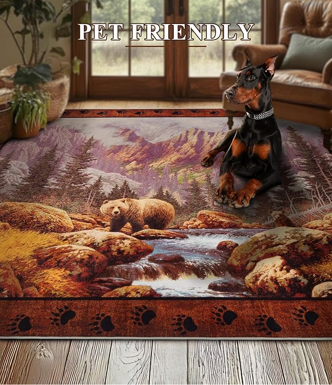 YIHOUSE Rustic Cabin Area Rug for Bedroom 5x7,Machine Washable Woodland Bear Rug,Non-Slip Low Pile Print Pattern Mountain Rug for Living Room