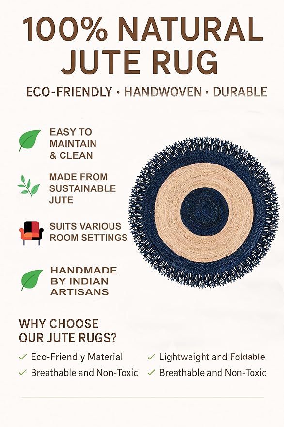 10' Round Hand Braided Natural Jute Chindi Cotton Round Rug for Entryeway, Kitchen, Doormate, Living Room Décor, Solid Farmhouse Design Indoor Outdoor Eco Friendly Carpet