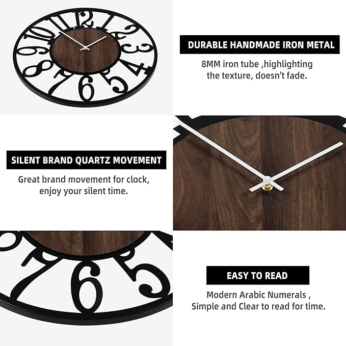 LEIKE Large LED Wall Clocks,Silent,Non Ticking,Battery Operated Rustic Round Modern Big Wood Wall Clock for Living Room, Bedroom,Kitchen,Farmhouse,Office,Home Decor -32" Black,LED,Arabic Number