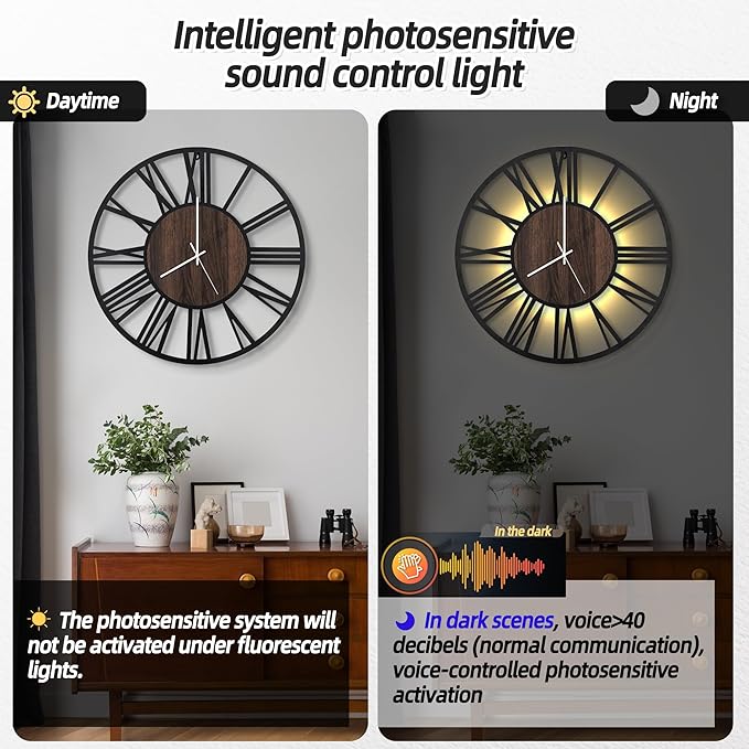 LEIKE Large Wall Clocks with Night Light Battery Operated,Silent Non Ticking,Rustic Modern Big Wood Clock for Living Room, Bedroom,Kitchen,Farmhouse,Office,Home Decor-24 Inch(Roman Numerals)