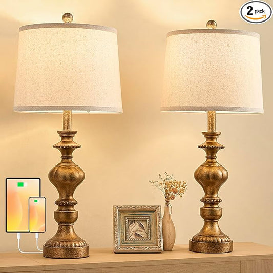 27.5" Farmhouse Table Lamps Set of 2 Bedside Nightstand Lamp with USB C+A Ports & AC Outlet, 3 Way Dimmable Touch Lamps for Bedroom Living Room Office Rustic Lamp (Rotary Switch-Copper)