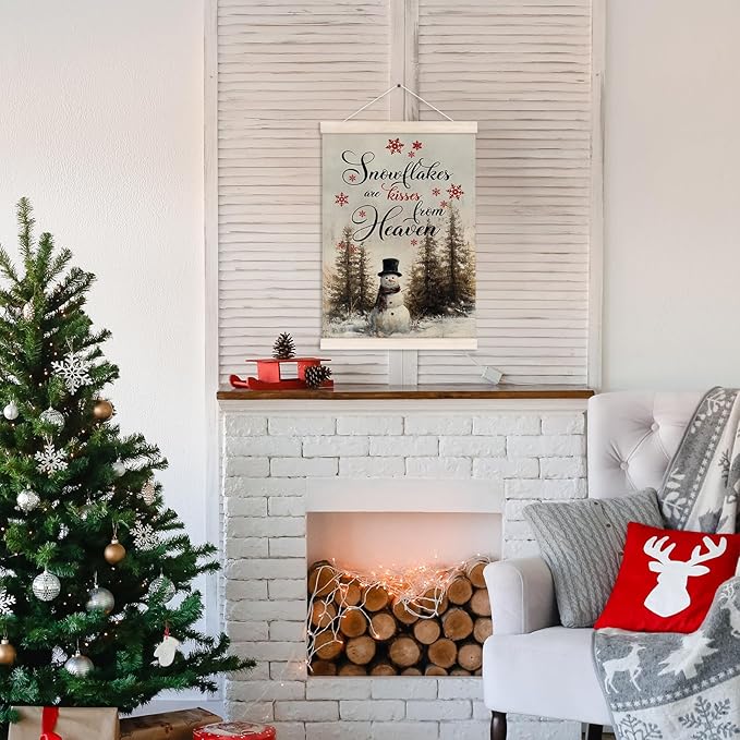 Winter Christmas Snowman Poster Hanger with Wood Frame, Vintage Christmas Wall Art Decor for Home, Rustic Retro Xmas Winter Pine Tree Santa Posters for Bedroom Living Room Decor, 12x16 Inch