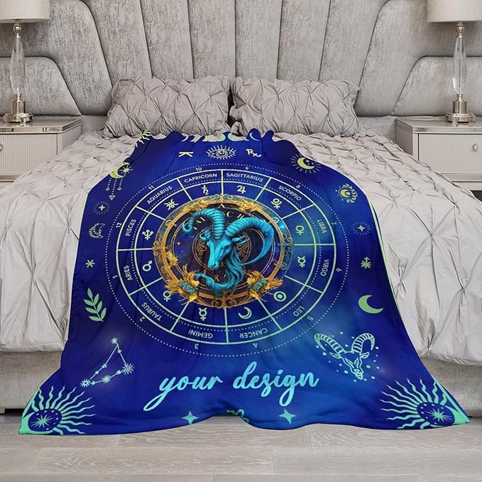 Custom Capricorn Blanket Gifts, 60" x 50" Rectangular Flannel Zodiac Throw Blanket Cozy, Personalized Gift for Boys Girls Teen Women Men Tarot Cards Lovers Birthday Anniversary Festival
