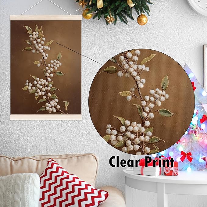 Vintage Christmas Poster Hanger with Wood Frame, Rustic Antique Christmas White Berries Wall Art Decor for Home, Retro Neutral Xmas Holiday Posters for Bedroom Living Room Decor, 12x16 Inch