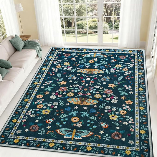 5x7 Area Rugs for Living Room, Washable Rug for Bedroom, Soft Non Slip Indoor Low Pile Carpet for Dining Room, Large Throw Floral Butterfly Carpets for Office Nursery Home Decor, Dark Green